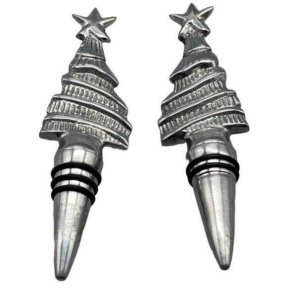 set of 2 silver metal wine corks shaped like Christmas trees with star on top 6" - Picture 1 of 6